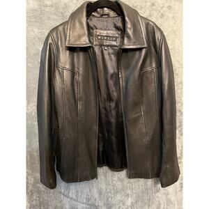 Winlet black distressed leather slim fit jacket women's sz M capsule wardrobe